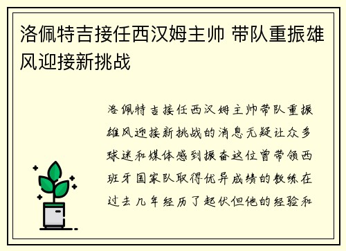 洛佩特吉接任西汉姆主帅 带队重振雄风迎接新挑战 洛佩特吉接任西汉姆主帅 带队重振雄风迎接新挑战